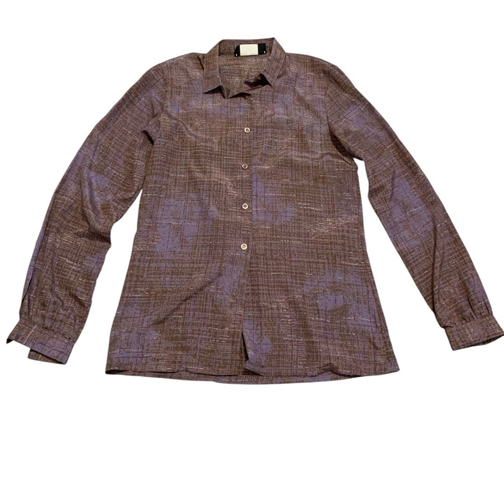 Vintage NEUCHATEL 100% Polyester Brown & Purple Print Button-Down Shirt Blouse M
